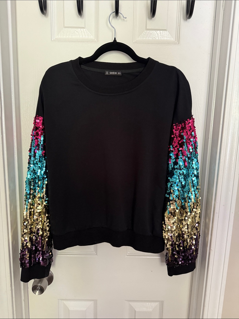 SHEIN Black Sweatshirt with Multicolor Sequin Ombre Sleeves